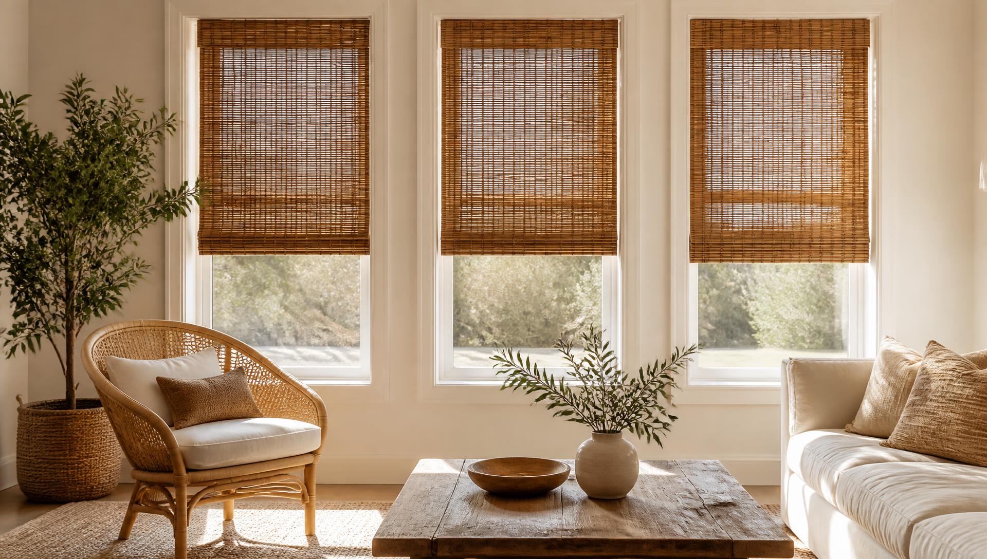 Three woven grass bamboo shades filtering sunlight in a warm coastal living room