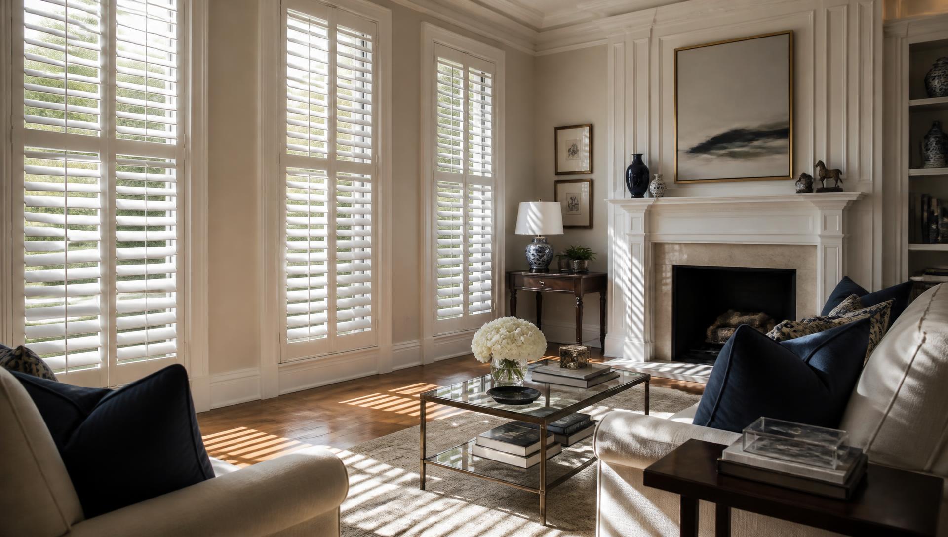 White plantation shutters on tall windows casting striped sunlight across a living room