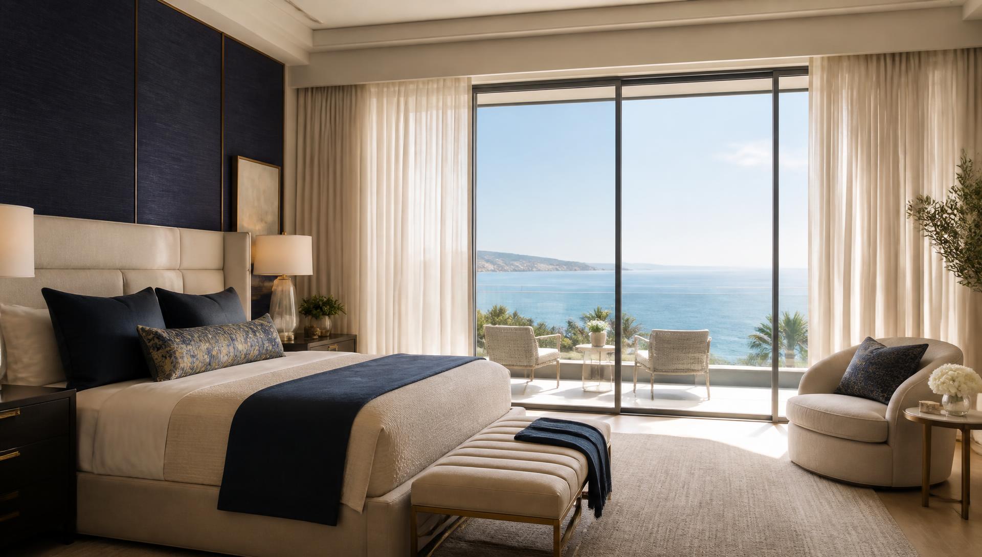 Motorized ivory drapery panels open across the sliding doors of a coastal master bedroom