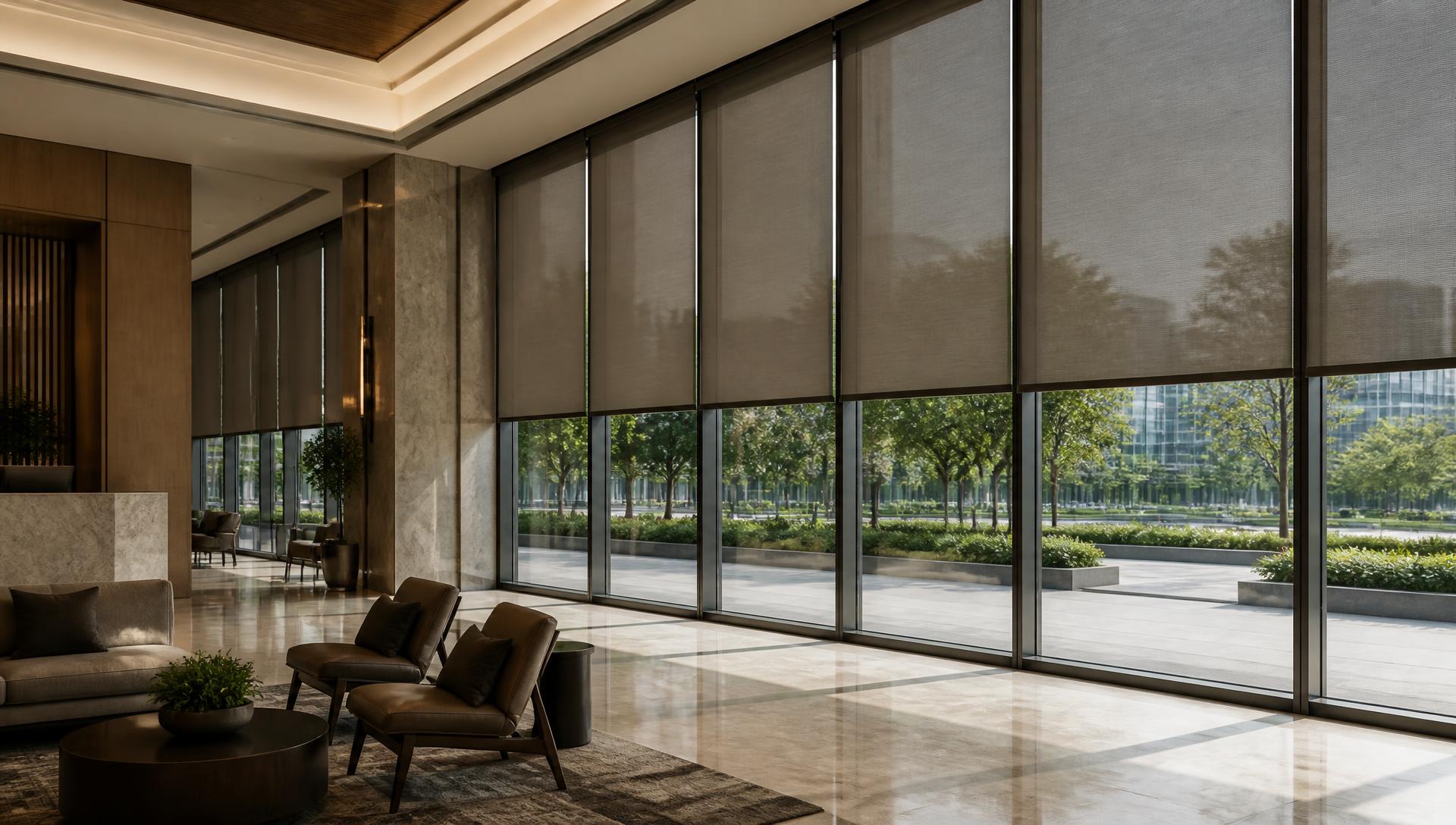 Commercial solar roller shades lowered across the glass wall of a modern lobby