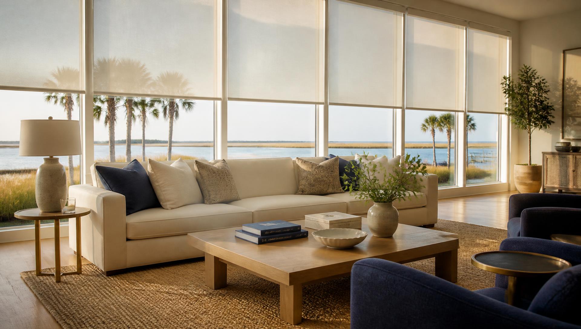 Coastal living room with custom light-filtering roller shades on a wall of Gulf-facing windows