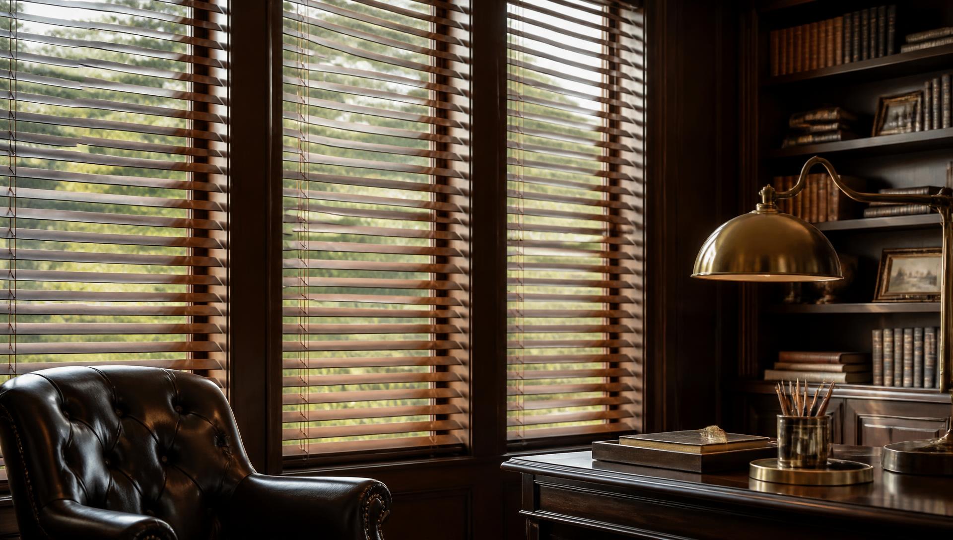 Walnut wood blinds tilted open across the tall windows of a paneled study