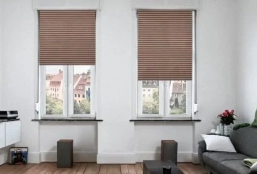 Living room with honeycomb shades over two large windows