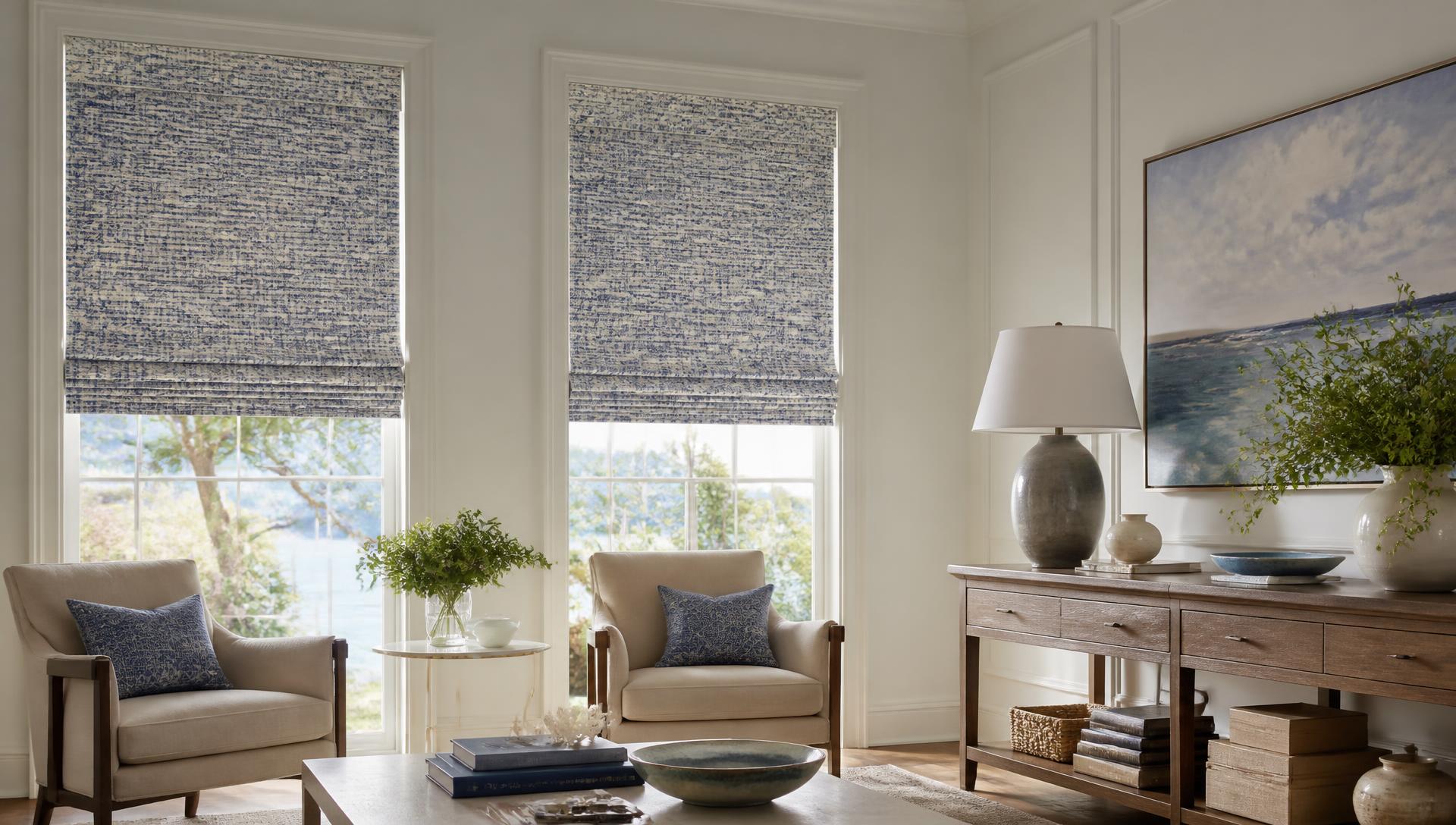 A pair of custom Roman shades in blue and cream fabric over tall sitting-room windows