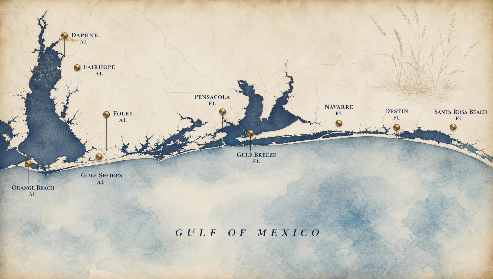 Map of the Gulf Coast marking the cities Gulf Coast Shades and Blinds serves from Pensacola to 30A and coastal Alabama