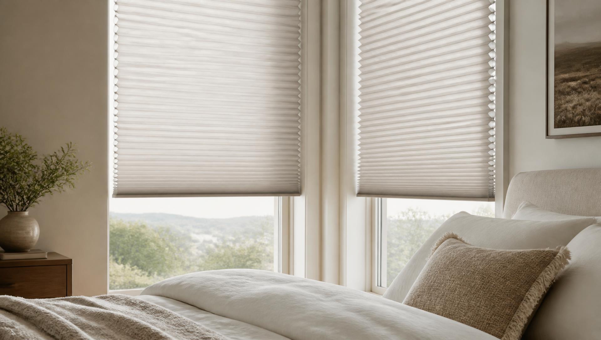 Cellular honeycomb shades partly lowered over the windows of a serene bedroom