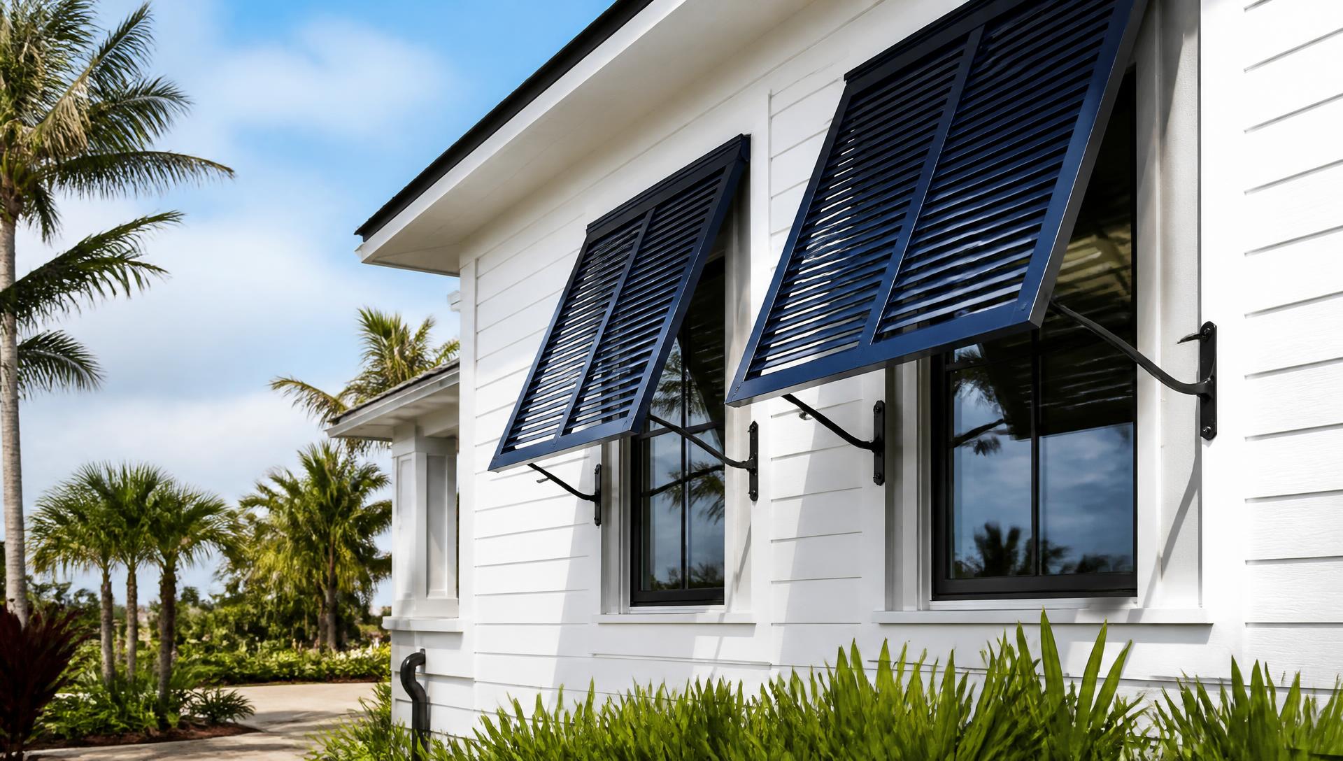 Navy Bahama hurricane shutters propped open over the windows of a white coastal home